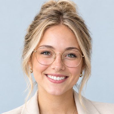 Isabel, asistente telefónica de Súper Inteligencia (SI) de Kevin Gaviria, sonriendo con gafas y el pelo recogido
