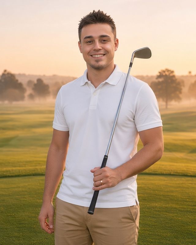 Kevin Gaviria, quien ayuda con la planeación para la jubilación, las anualidades y el IUL, en un campo de golf al amanecer